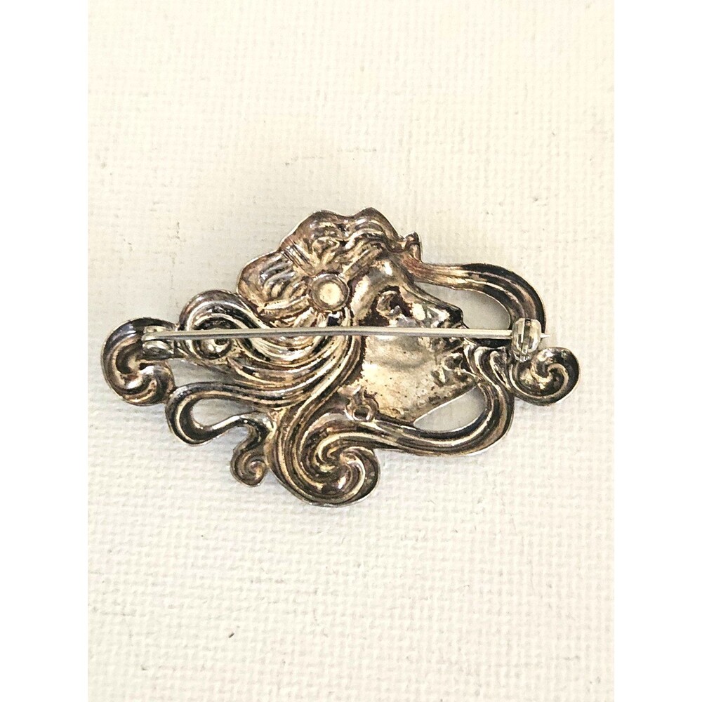 Vintage Sterling Silver Art Nouveau Lady Brooch Figural Woman Flowing Hair Pin - Picture 3 of 5